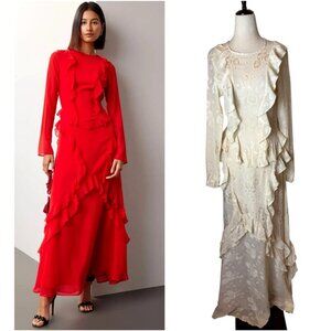 Delfi Collective Dress Women Small Ivory Floral Jacquard Annika Maxi Gown NWT